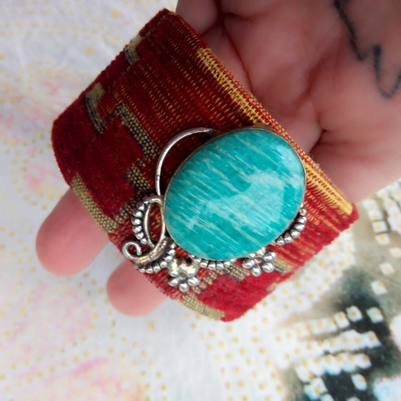 ❤ Artisan Amazonite Gemstone Kilim Cuff Bracelet, Real Silver! - Picture 6 of 13